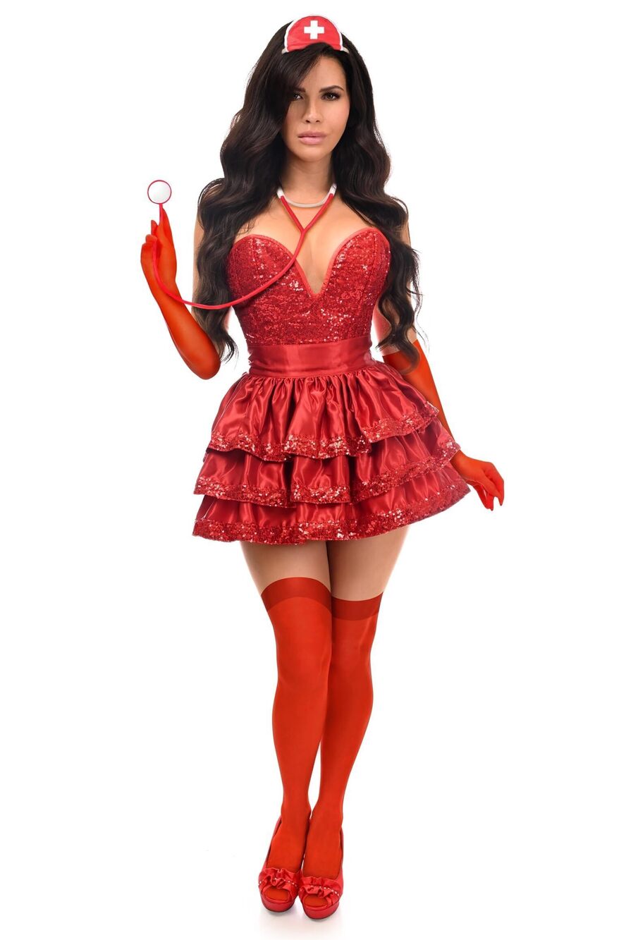 3829 Top Drawer 5 PC Red Sequin Nurse Corset Costume